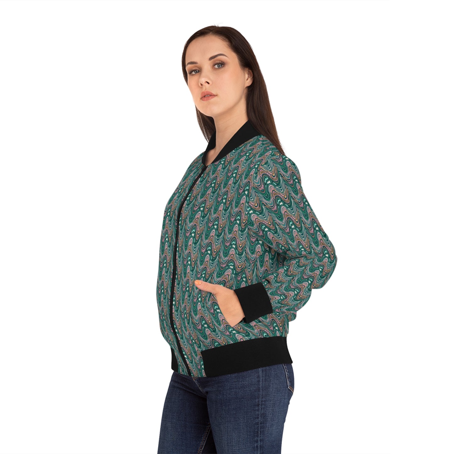 Garden Party Teal All Over Print Women's Bomber Jacket