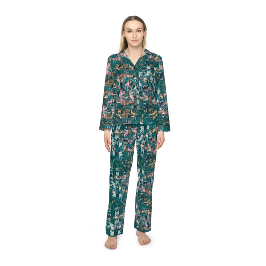 Garden Party Teal Women's Satin Pajamas